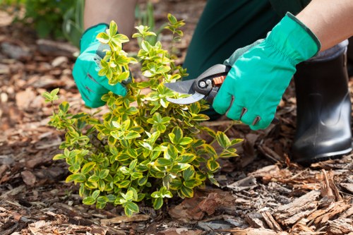 Green waste chipping and secured waste containers at garden site